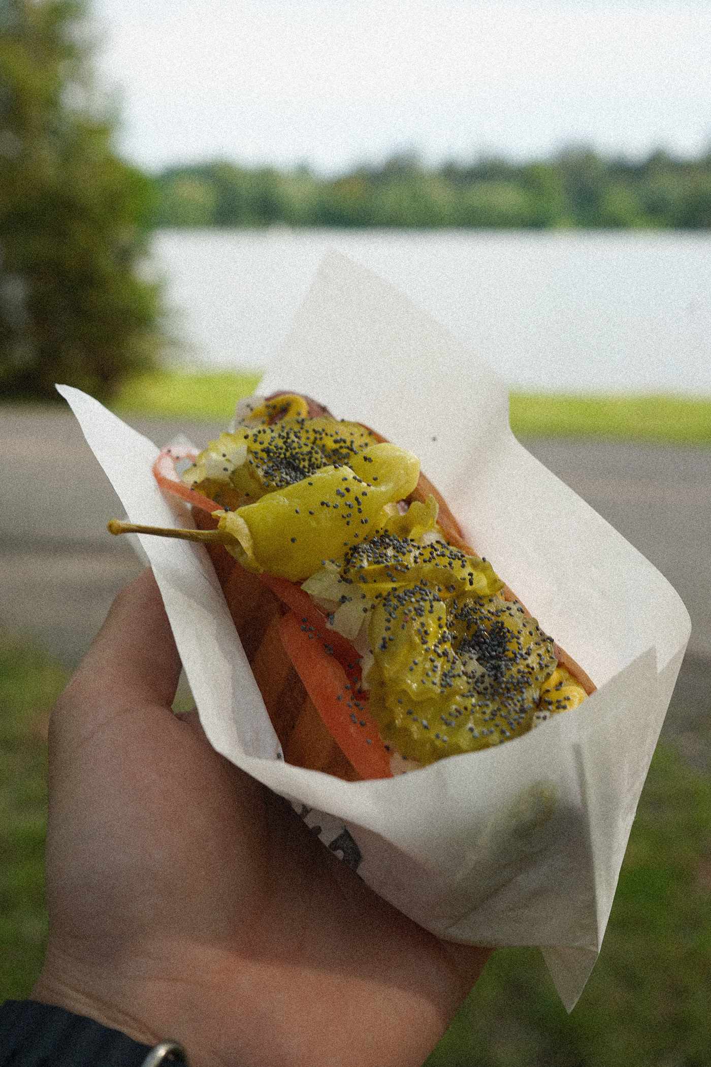 Un hot-dog GBurger garni de moutarde et de graines de pavot, tenu près du lac Dow